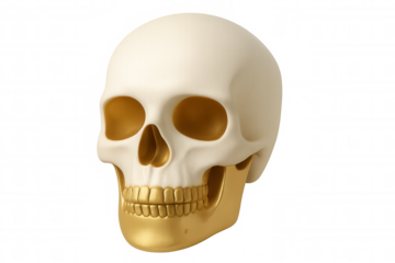 Golden-toothed white skull rendering, glowing eye sockets, transparent backdrop, highlighting macabre halloween aesthetic