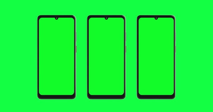 4k Resolution Video: Technology And App Design Concept. Three Smartphones With Green Screens Standing Side By Side On Green Screen Background with Alpha Matte