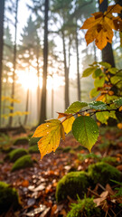 Autumn forest leaves dew drops