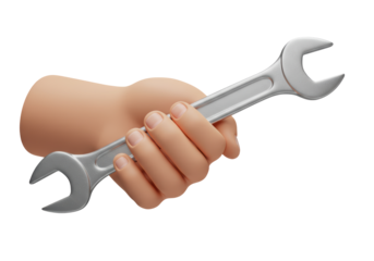 Isolated Hand holding metal spanner, silver mechanic tool wrench turning for repair industry