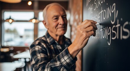 Senior man writing on a blackboard with chalk, indoors, wearing a plaid shirt.