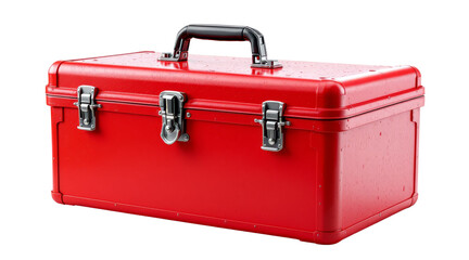 Red Metal Toolbox with Clasps and Handle on white background
