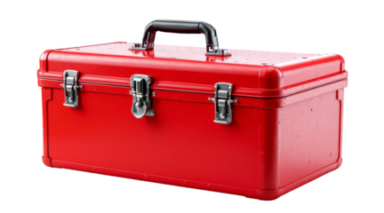 Red Metal Toolbox with Clasps and Handle on white background