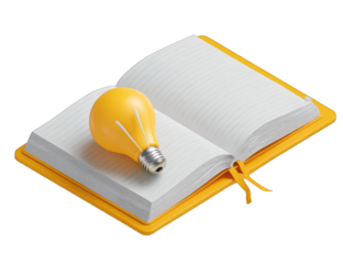 Open yellow notebook with a yellow lightbulb, symbolizing learning and inspiration