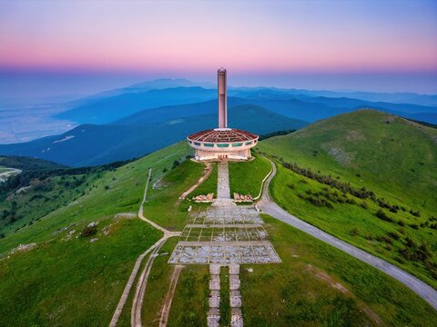 Buzludzha Monument drone view of the mountains at sunset in Bulgaria