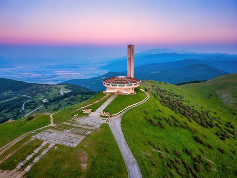 Buzludzha Monument drone view of the mountains at sunset in Bulgaria