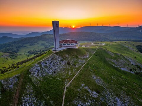 Buzludzha Monument drone view of the mountains at sunset in Bulgaria