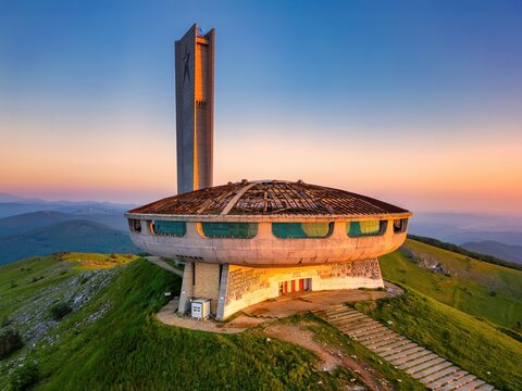 Buzludzha Monument drone view of the mountains at sunset in Bulgaria