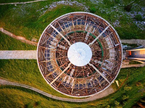 Buzludzha Monument dome drone top view, in Bulgaria