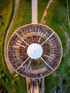 Buzludzha Monument dome drone top view, in Bulgaria