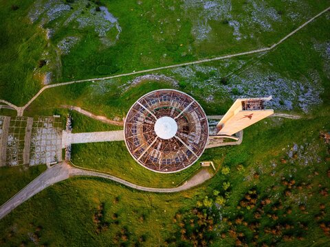 Buzludzha Monument dome drone top view, in Bulgaria