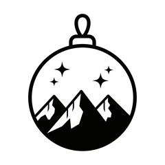 Obraz premium Vector icon of black and white illustration of a christmas ornament containing a mountain landscape with stars