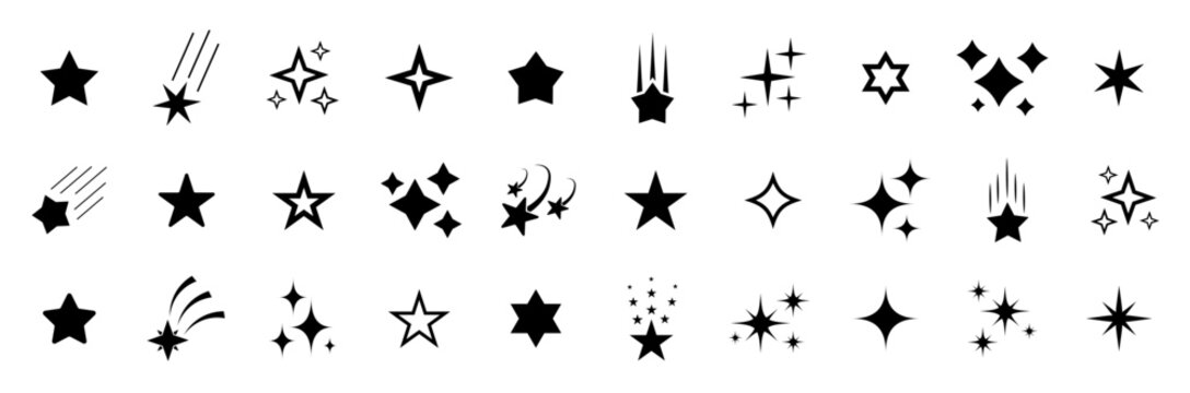 Stars icon collection. Different star shapes. Black stars icon set.  Sparkle star icon set. Vector illustration