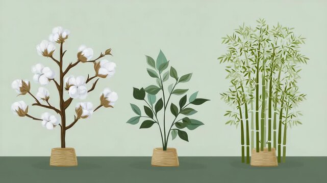 Three plants are shown in a row, with the middle one being a tree. Flat infographic comparing cotton vs linen vs bamboo vs polyester sustainability impact, sustainable fashion practices, clean minimal