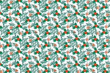 Festive floral pattern featuring green branches with red flowers and berries in a seamless vector illustration. The design captures a vibrant holiday theme perfect for seasonal projects.