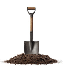 Garden shovel with pile of soil isolated on a transparent background