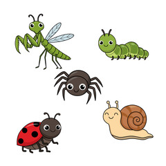Cute cartoon vector set of insects and small creatures including praying mantis, caterpillar, spider, ladybug, and snail, isolated on white background for kids design