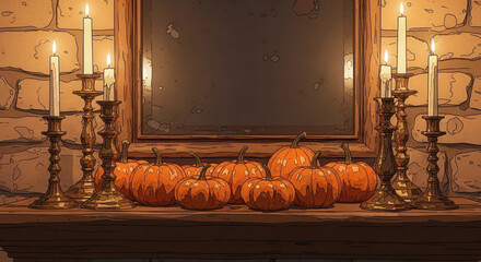 Obraz premium Decorative pumpkins with candles on mantelpiece under mirror, warm autumn atmosphere, festive decor concept 