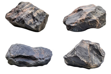 Group of four rough, natural rocks with unique patterns and shades, presented isolated on a transparent background for design purposes