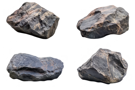 Group of four rough, natural rocks with unique patterns and shades, presented isolated on a transparent background for design purposes