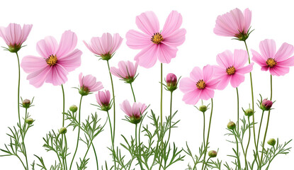 Fototapeta premium Many pink cosmos flowers with green stems and leaves isolated on transparent background