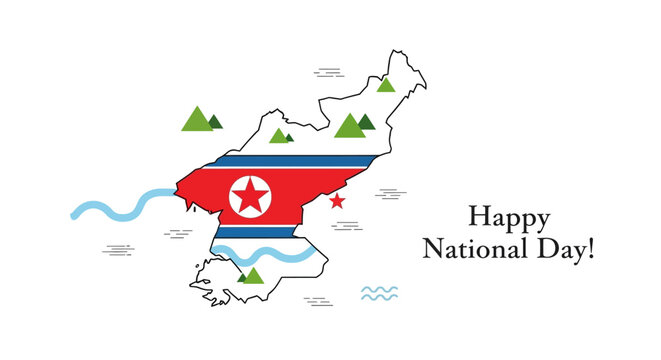 North Korea map outlined with its flag colors, featuring mountains, rivers, and the text "Happy National Day!".