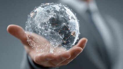 A hand holds a translucent, digital globe, overlaid with a network of lines and dots