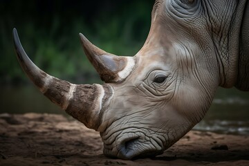 Endangered white rhinoceros with a large horn up close in a grassy field in Kenya