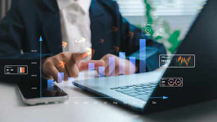 Businessman analyzing growth chart with digital data analytics interface, financial technology and investment concept for business strategy, profit increase, and economic success in modern market.