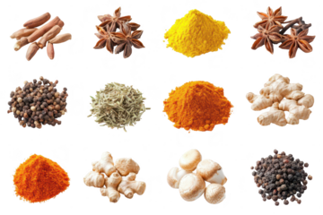 A grid of diverse spices and ingredients such as star anise, ginger, turmeric, chili powder, black pepper, and dried herbs, isolated on white isolated on transparent background
