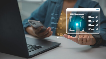 Businessman using mobile phone and virtual checklist on digital screen for task management, remote work, productivity, technology, innovation, and digital transformation.
