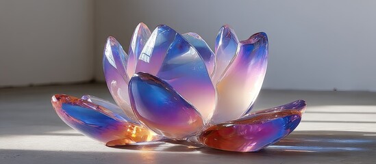 A vibrant, iridescent lotus flower sculpture, crafted from translucent, multicolored glass