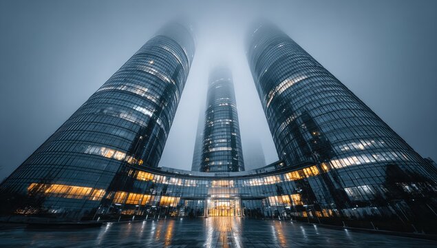 Modern skyscrapers in a misty urban landscape