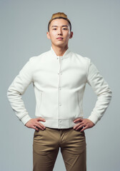 Fototapeta premium Confident Young Asian Man in a Blank Varsity Jacket Mockup