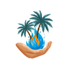 Fototapeta premium Hand Holding Blue Flames and Palm Trees fire isolated on a transparent background