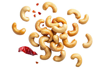 Obraz premium Spicy roasted cashews with red chili pepper isolated on transparent background