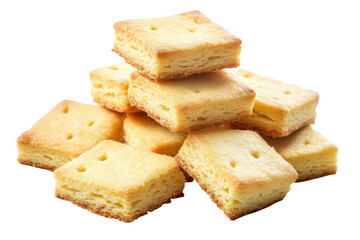 Pile of square cheese crackers with small holes, isolated on transparent background