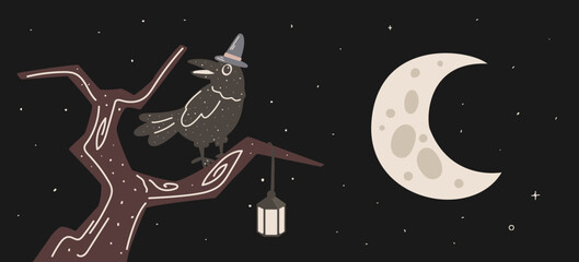 Halloween crow in wizard hat sitting on tree branch with lantern under moon and starry night sky, cartoon vector illustration for spooky posters, greeting cards, seasonal decor.