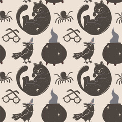 Obraz premium Seamless pattern with black cats, crows, witch cauldrons, spiders and magic glasses, cartoon vector illustration for Halloween, witchcraft themes, textile design, wrapping paper, spooky decor.
