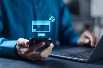 Businessman Pay by credit card via electronic wallet. Banking app and e-payment. online banking. Shopping by mobile and connected card.