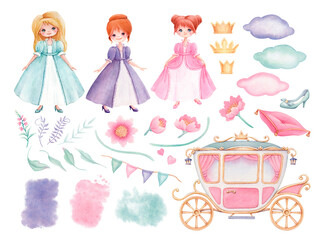 Watercolor set with cute cartoon princesses, carriage, crowns, crown cushion, slippers, flags, clouds, flowers and plant elements isolated on a white background. Hand-drawn illustration for decoration