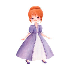 A cute cartoon girl in a long purple dress, painted in watercolor on a white background. An isolated character from a fairy tale for greeting cards, invitations, decor, print for a children's holiday