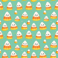 Halloween seamless pattern with candy corn, mint green background, cute cartoon style, pastel colors