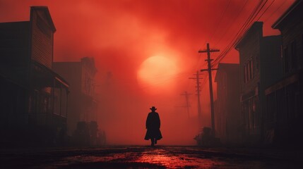Business and Career Development growth concept with a mysterious figure walking through a red hued western town at sunset