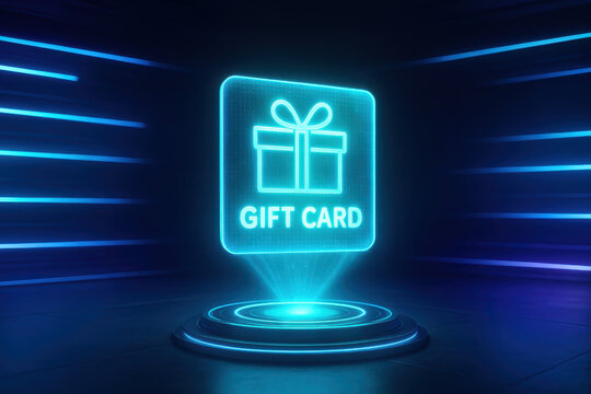 Cyber monday gift card glowing in futuristic blue neon light with digital hologram effect modern technology background perfect for online shopping and holiday sales excitement