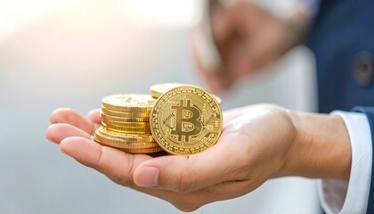 Businessman Holding Stack of Gold Bitcoin Coins.