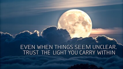 Inspirational Quote on a Full Moon Night Sky Above the Clouds.