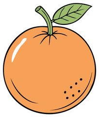 Cartoon orange fruit with leaf, stem, black outline.