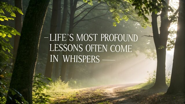 Inspirational quote on a misty forest path with morning sunlight.