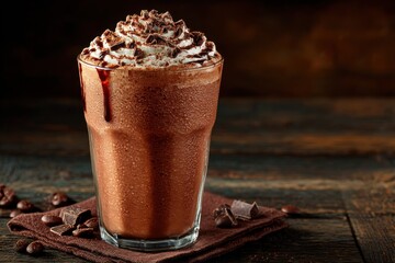 Creamy chocolate beverage topped with whipped cream and cocoa on rustic wooden table